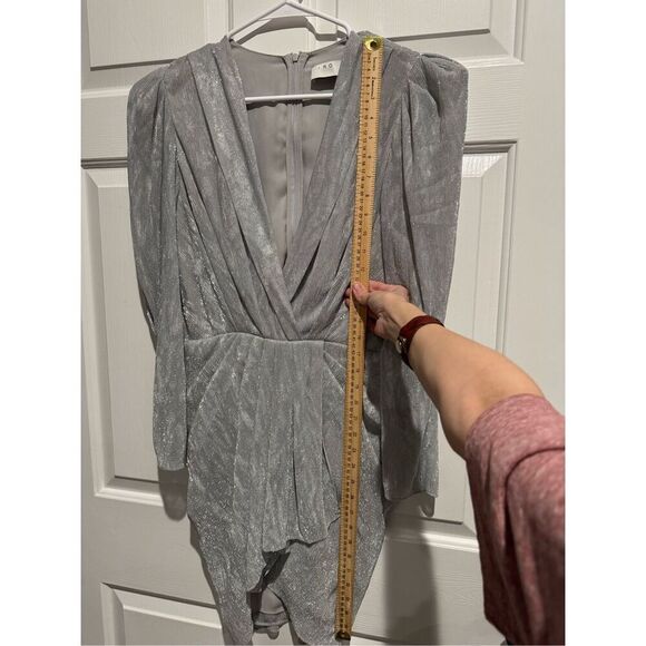 NWT IRO X Revolve Draped Metallic Silver Deep V-Neck Shoulder Pad Mini Dress 6 - Picture 11 of 16